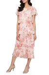 Sl Fashions Tiered Floral Cocktail Midi Dress In Peach Multi