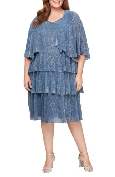 Sl Fashions Tiered Metallic Cocktail Dress With Jacket In Wedgewood