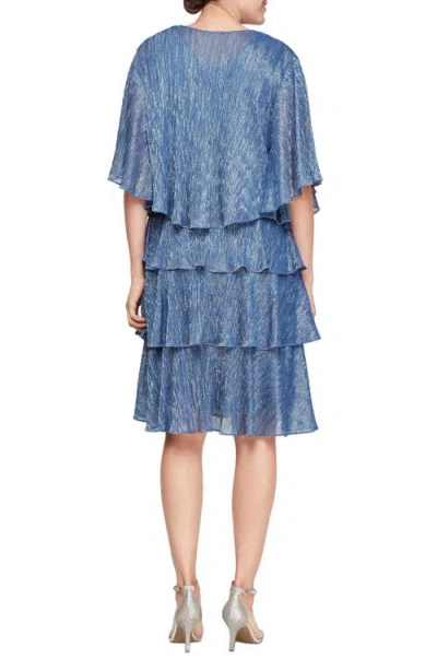 Sl Fashions Tiered Metallic Cocktail Dress With Jacket In Wedgewood