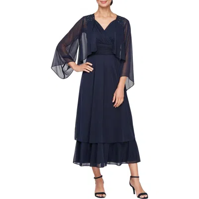 Sl Fashions Tiered Midi Dress With Jacket In Navy