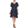 Sl Fashions Tiered Shimmer Metallic Flutter Sleeve Dress In Navy