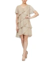 Sl Fashions Embellished V-neck Short Sleeve Shimmer Bodre Tier Cocktail Dress In Gold