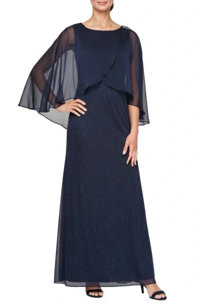 Sl Fashions Tulip Capelet Shimmer Gown In Navy