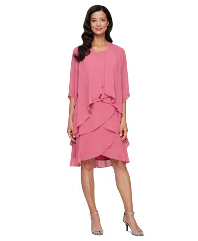 Sl Fashions Women's 2.piece Chiffon Open-front Jacket & Beaded-neck Tiered Dress