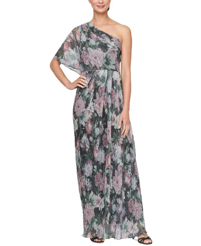 Sl Fashions Women's Asymmetric-neck Printed A-line Gown In Black Multi