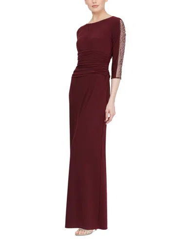 Sl Fashions Women's Beaded-sleeve Ruched-waist Gown In Fig