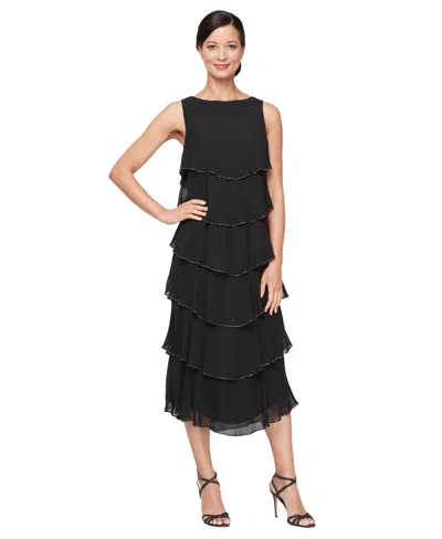 Sl Fashions Women's Crewneck Tiered Beads Midi Dress In Black