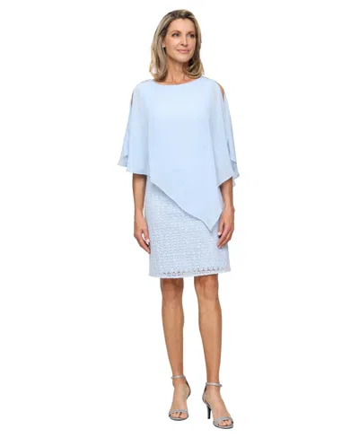 Sl Fashions Sequin Open Stitch Cocktail Dress With Cape Overlay In Blue