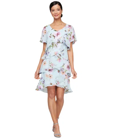 Sl Fashions Women's Floral Ruffle-tiered Flutter-sleeve Dress In Blue Multi