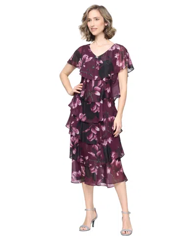 Sl Fashions Women's Floral-print Tiered V-neck Dress In Burgundy