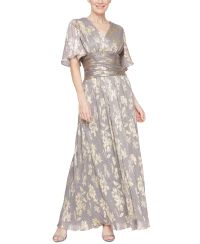 Sl Fashions Women's Foil-print V-neck Ruched-waist Gown In Smoke,gold