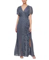 Sl Fashions Women's Foil-print V-neck Ruffle-trim A-line Dress In Steel