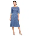 Sl Fashions Women's Glitter-lace Elbow-sleeve A-line Dress