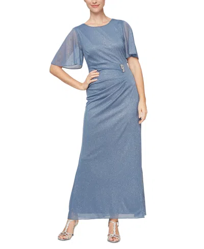 Sl Fashions Women's Glitter Mesh Embellished Gown In Dusty Blue