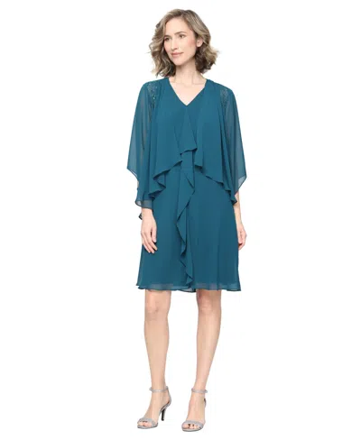 Sl Fashions Women's Knee-length V-neck Chiffon Jacket Dress In Blue