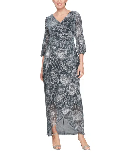 Sl Fashions Women's Metallic Print Blouson-sleeve High-low Gown In Teal,silver