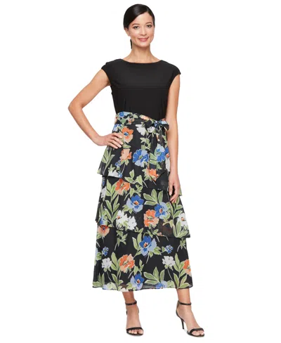Sl Fashions Women's Mixed-media Belted Tiered Dress In White