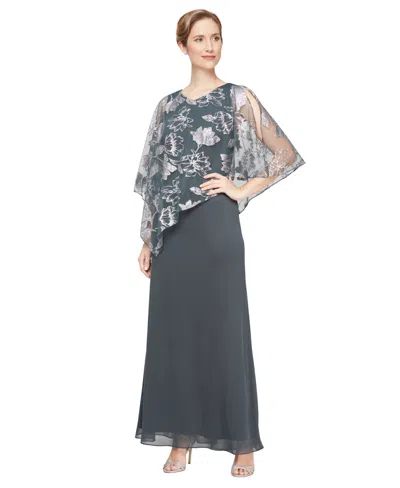 Sl Fashions Women's Novelty Asymmetric Overlay Bodice Gown In Gray