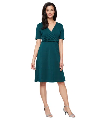 Sl Fashions Short Sleeve Metallic Knit Dress In Green