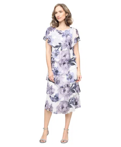 Sl Fashions Floral Ruffle Tier Chiffon Midi Dress In Blue