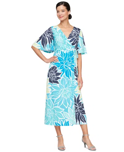 SL FASHIONS WOMEN'S PRINTED FAUX-WRAP SHORT-SLEEVE DRESS
