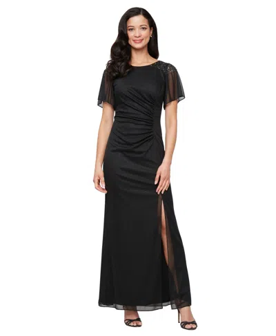 Sl Fashions Sparkle Embellished Shoulder Gown In Black