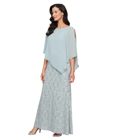 Sl Fashions 9413121 Sequin Plus Size Long Formal Floral Lace Evening Dress In Blue