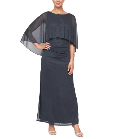 Sl Fashions Women's Sparkle Mesh Capelet Ruched Gown In Smoke