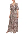 Sl Fashions Floral Metallic Flutter Sleeve Gown In Taupe Multi