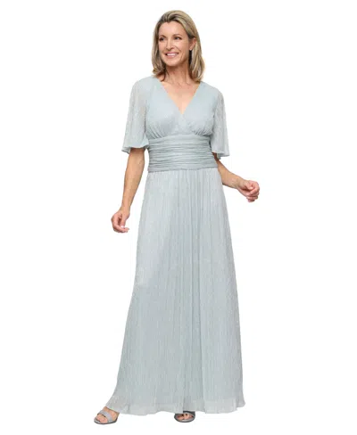 Sl Fashions Metallic Surplice Neck A-line Gown In Green