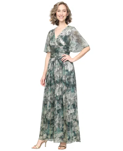 Sl Fashions Floral Metallic Flutter Sleeve Gown In Green