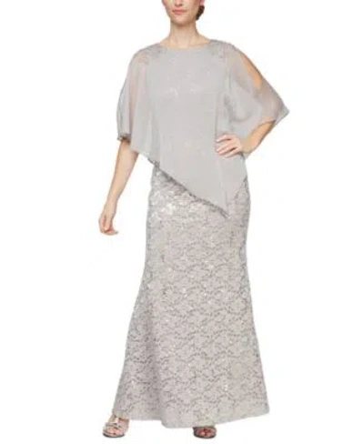 Sl Fashions Womens Round Neck Sequin Lace Cape Dress In Gray