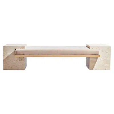 Pre-owned Slash Objects Coexist - Contemporary Travertine And Brass Bench, Sculptural Modern Seating In Sand