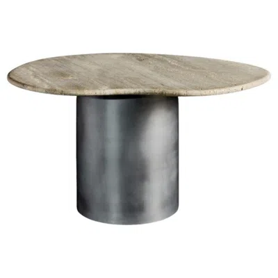 Pre-owned Slash Objects Ena Honed Travertine Dining Table With Brushed Aluminum Or Brass Base In Gray