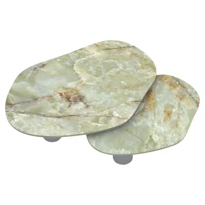 Pre-owned Slash Objects Nesting Green Onyx Coffee Tables With Brushed Aluminum Base