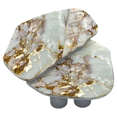 Pre-owned Slash Objects Small Nesting Green Onyx Coffee Tables With Brushed Aluminum Base
