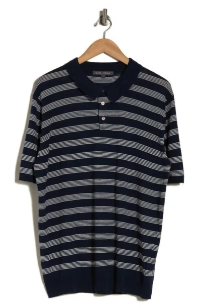 Slate & Stone Stripe Cotton & Linen Polo Sweater In Navy Stripe