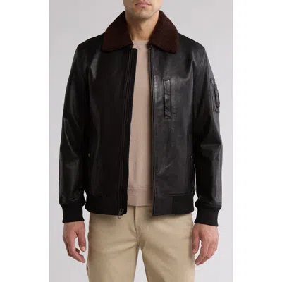 Slate & Stone Faux Shearling Collar Leather Aviator Jacket In Black