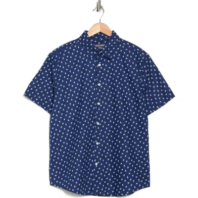 Slate & Stone Linen & Cotton Blend Short Sleeve Button-up Shirt In Navy White Micro Palm