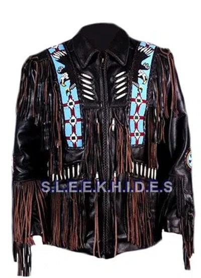 Pre-owned Sleekhides Men's Western Cow Leather Coat Fringed & Eagle Bead Work All Sizes In Black & Brown
