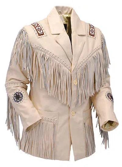 Pre-owned Sleekhides Men's Western Suede Leather Coat Fringed & Beads Top Quality Native In Beige