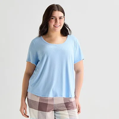 Sleep Chic Womens Flannel Crew Neck Short Sleeve Plus Pajama Top In Blue