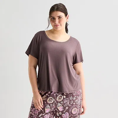 Sleep Chic Womens Flannel Crew Neck Short Sleeve Plus Pajama Top In Gray