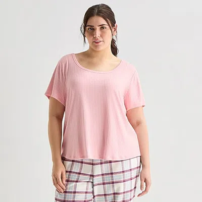 Sleep Chic Womens Flannel Crew Neck Short Sleeve Plus Pajama Top In Pink