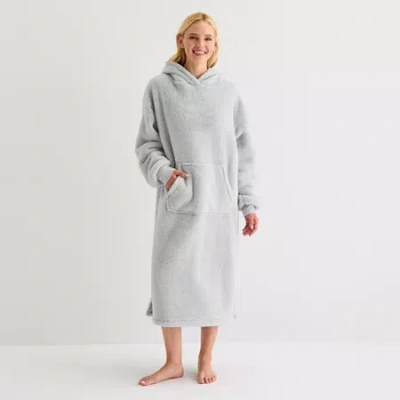 Sleep Chic Womens Fleece Hooded Long Sleeve Nightgown In Gray