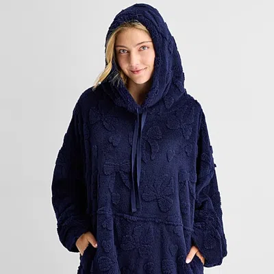 Sleep Chic Womens Fleece Hooded Long Sleeve Pajama Top In Blue