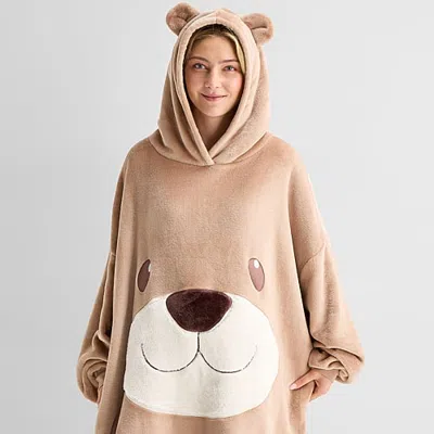 Sleep Chic Womens Fleece Hooded Long Sleeve Pajama Top In Brown
