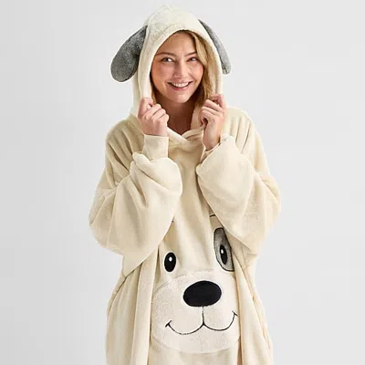 Sleep Chic Womens Fleece Hooded Long Sleeve Pajama Top In White