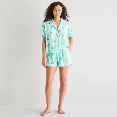 Sleep Chic Womens Poplin V-neck Short Sleeve 2-pc. Pajama Set In Blue