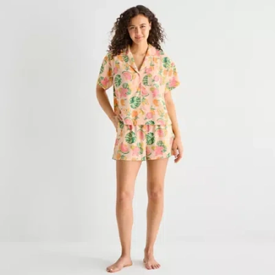 Sleep Chic Womens Poplin V-neck Short Sleeve 2-pc. Pajama Set In Orange